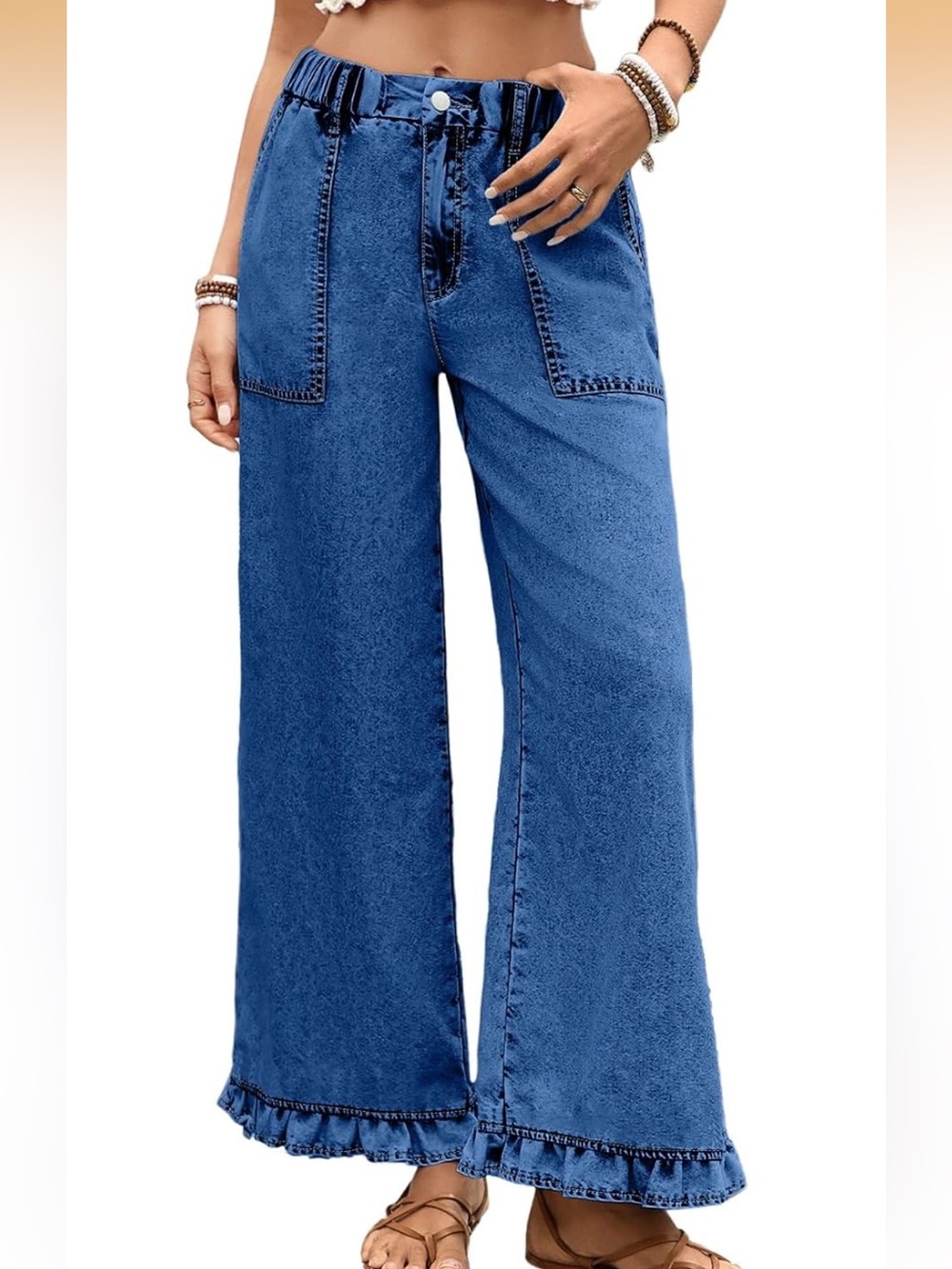 Wide Leg Ruffle Hem Jeans - Picture 2 of 4